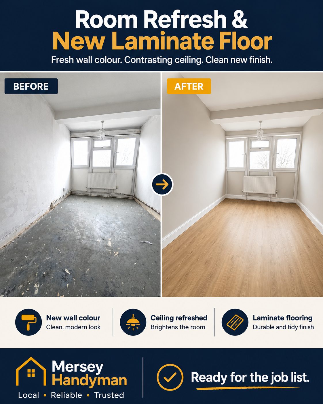 Room refreshed with fresh paint and new laminate flooring, before and after
