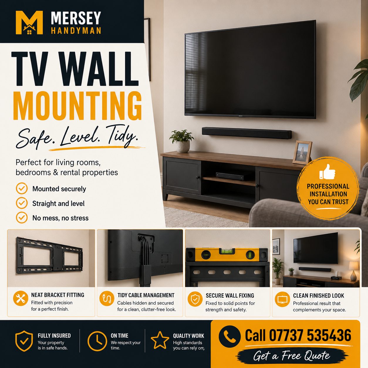 TV wall-mounted with cables tidied and hidden