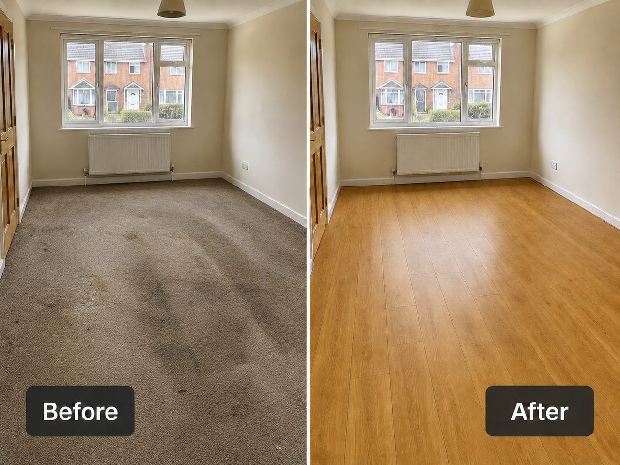 Living room carpet replaced with new vinyl flooring, before and after