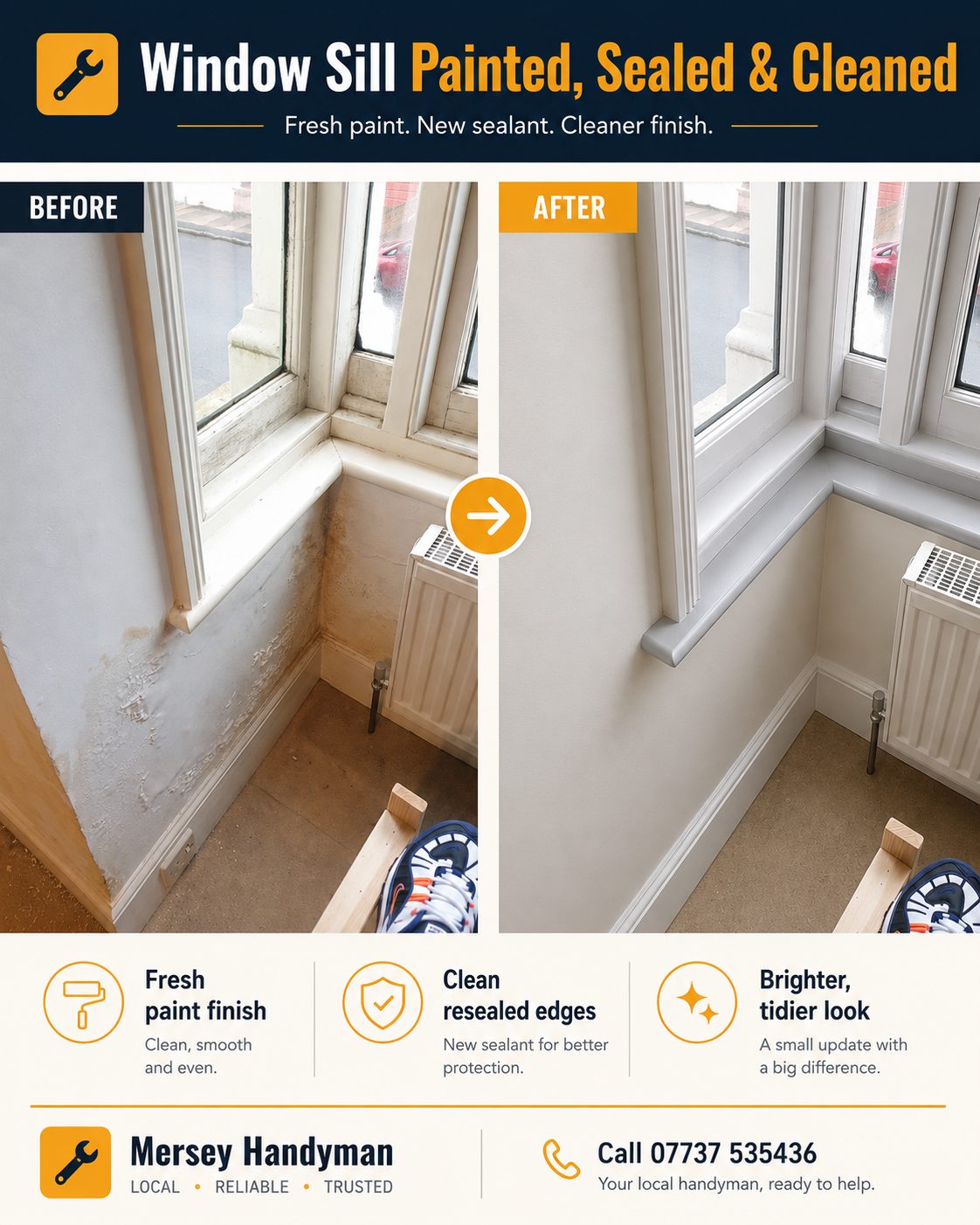 Window sill painted, resealed and cleaned, before and after