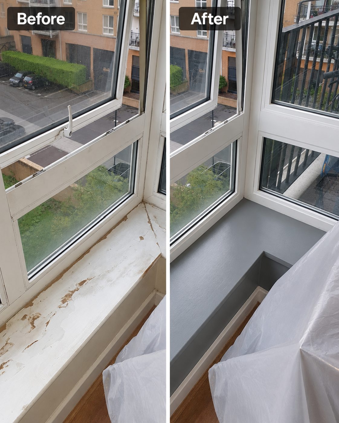 Window sill stripped, painted and resealed, before and after